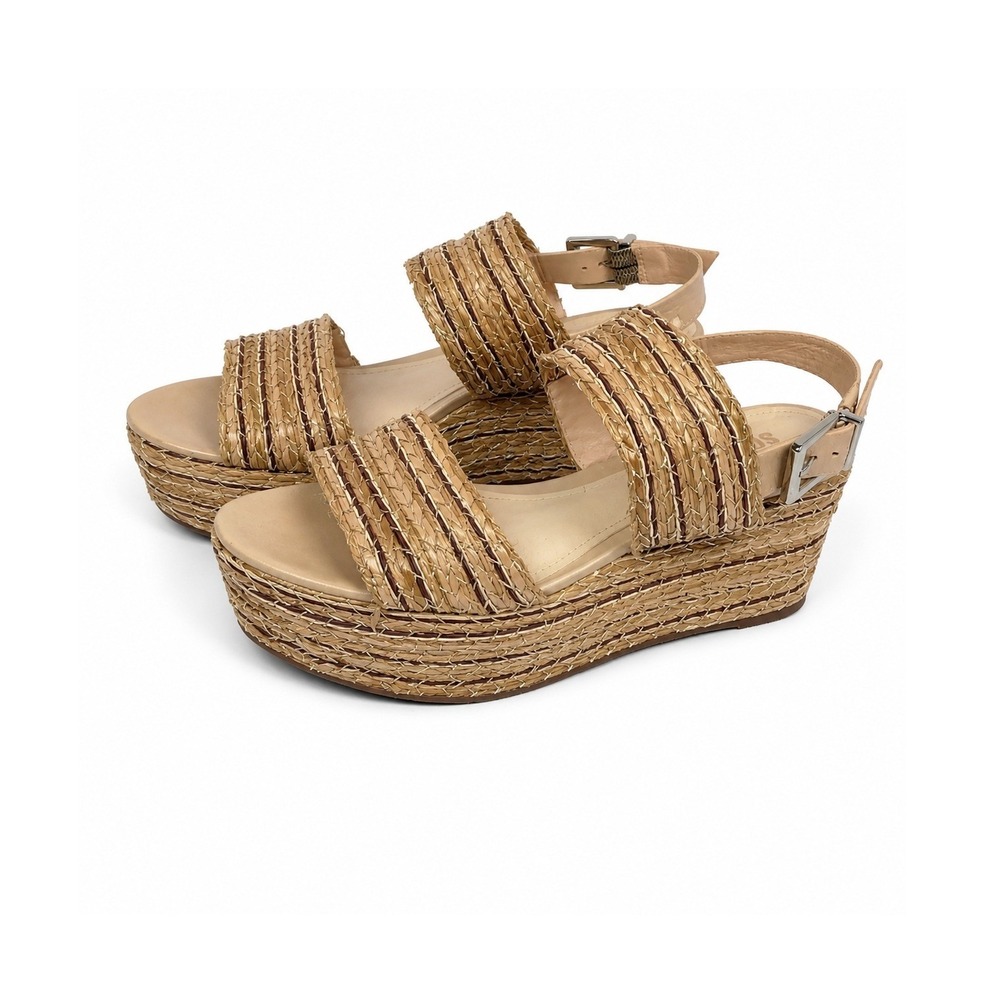Schutz Womens 7.5B Gold Woven Straw Platform Wedge Slingback Sandals Brazil